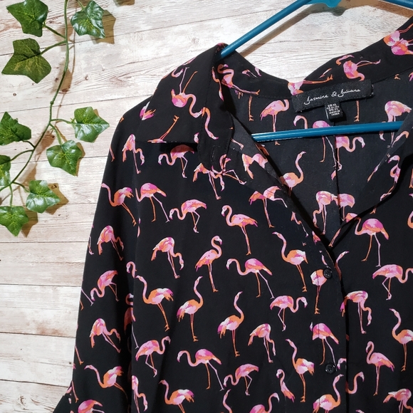 Jasmine & Juliana Flamingo Print Button Up Shirt Short Sleeve Collared Black - Picture 2 of 5